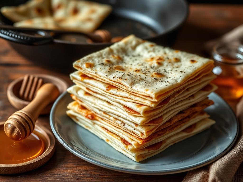 Neliöksi taiteltuja kerrosleipiä pannulla hunajan vieressä