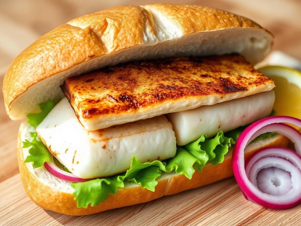 Grillattu kalafilee leivän välissä sipulin ja salaatin kanssa