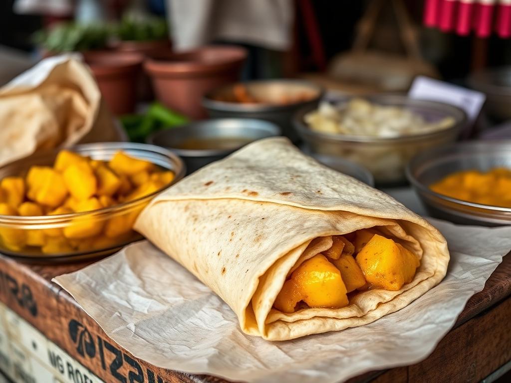 Rotileipään käärittyä keltaista curryä paperissa