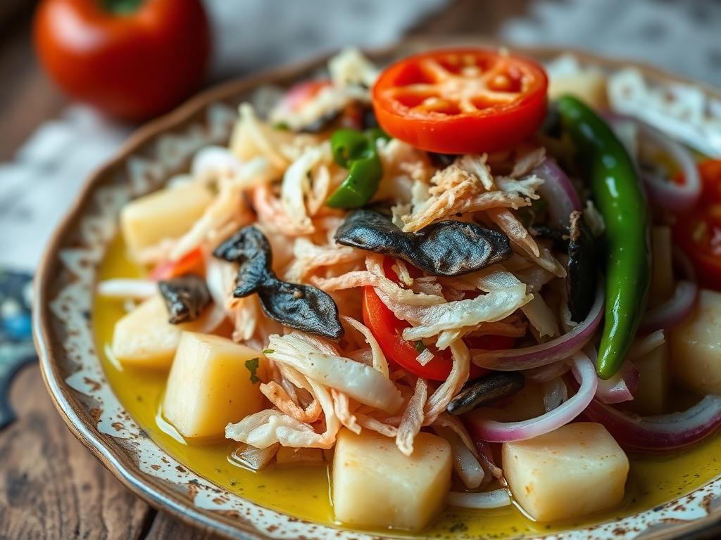 Salaatti kuivatusta kalasta, perunasta ja tomaatista lautasella oliiviöljyn kanssa