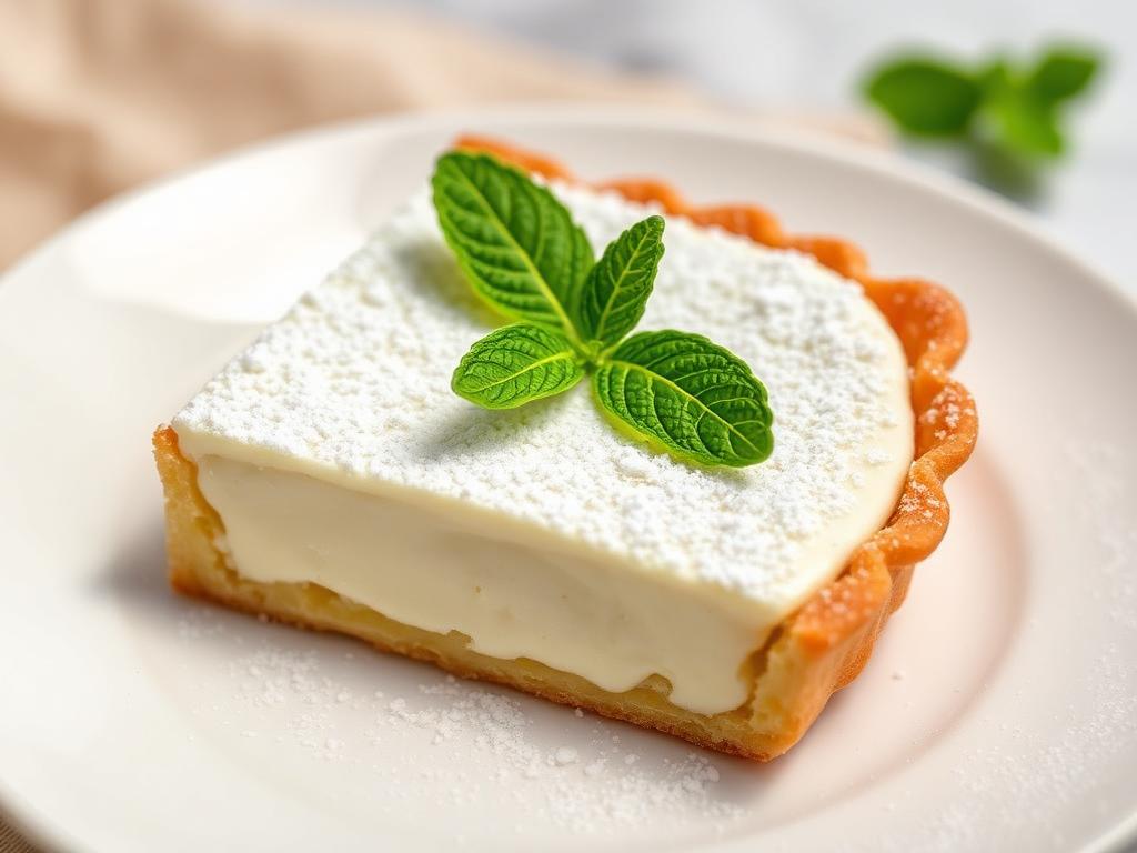 Vaalea juustokakku tomusokerilla ja tuoreilla minttulehdillä lautasella