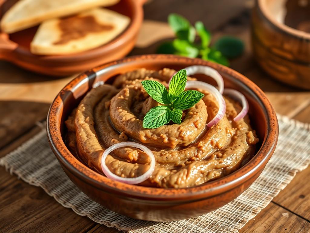 Paksua vaaleanruskeaa gofio-tahnaa savikulhossa sipulin kanssa
