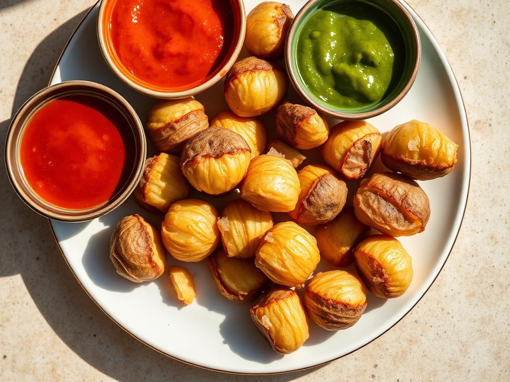 Suolakiteiden peittämiä pieniä perunoita kahden mojo-kastikkeen kanssa