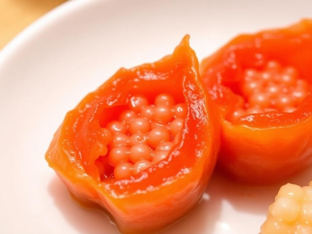 Punertavia mätisäkkejä pienellä lautasella riisin vieressä