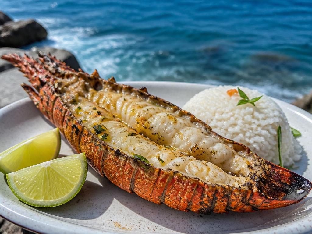 Grillattu langustin puolikas riisin ja paistetun banaanin kanssa lautasella
