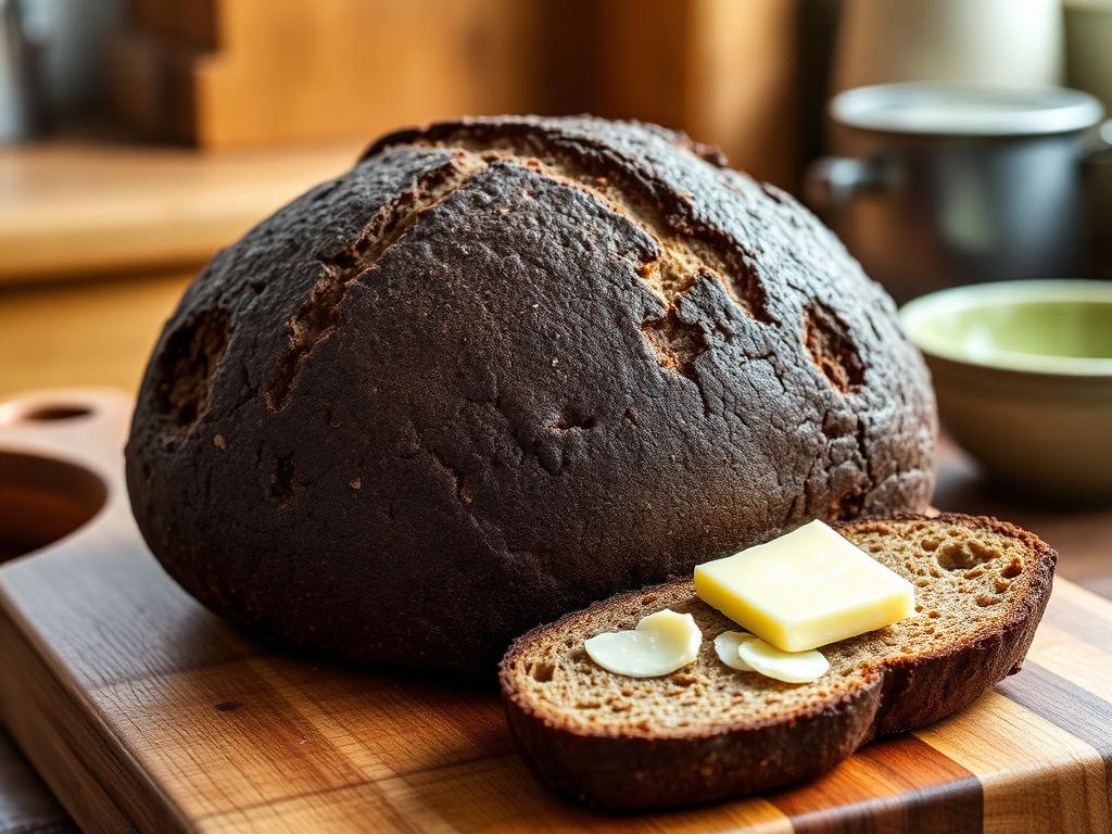 Tumma pyöreä soodaleipä viipaloituna leikkuulaudalla