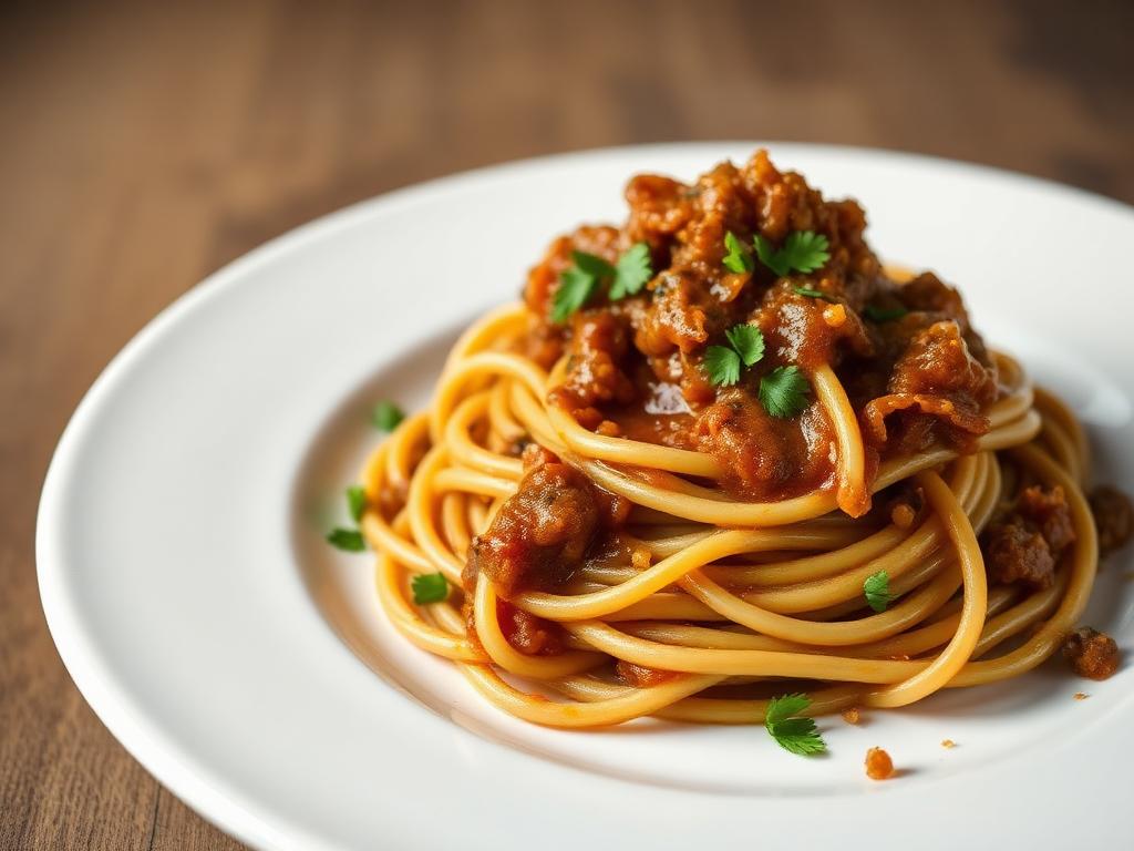 Paksua pastaa kalakastikkeessa syvässä lautasessa