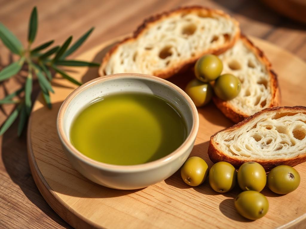 Vihertävää oliiviöljyä pienessä kulhossa paahdettujen leipäviipaleiden vieressä
