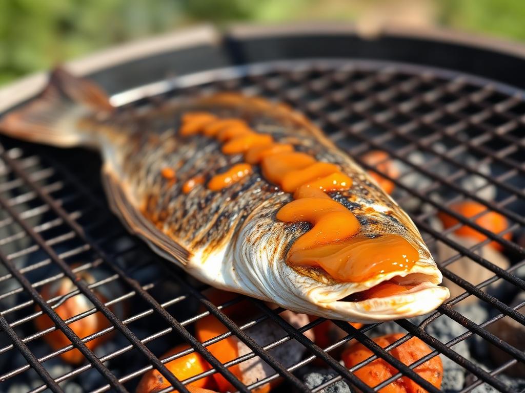 Auki leikattu grillattu kala hiiligrillissä