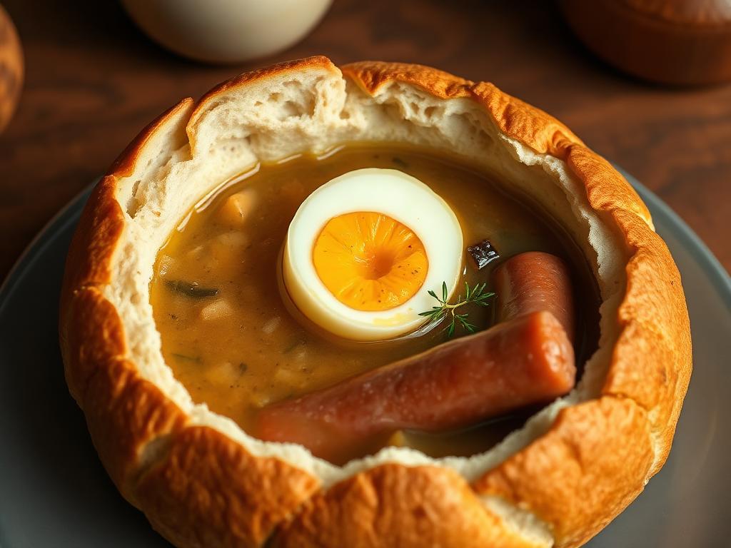 Vaaleaa hapankeittoa leipäkulhossa munan ja makkaran kanssa