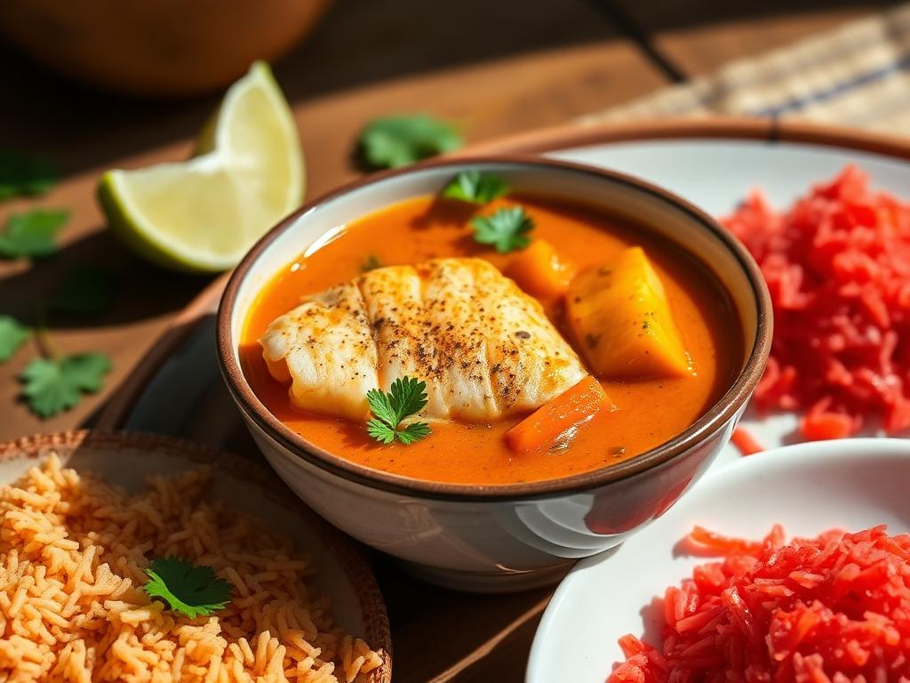 Oranssia kalacurrya kulhossa punaisen riisin vieressä