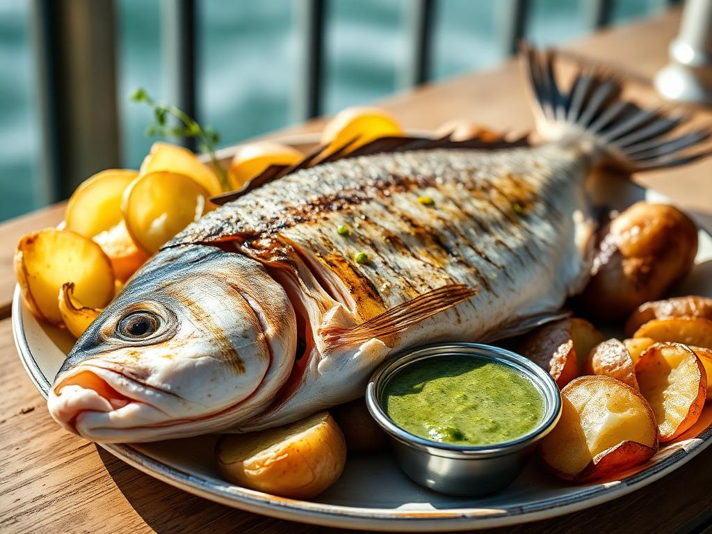 Grillattua kokonaista kalaa valkosipuliöljyn ja perunoiden kanssa