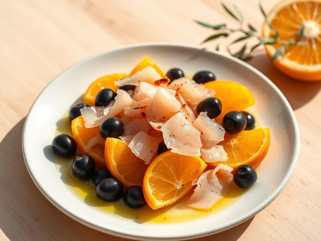 Appelsiinilohkoja, turskaa ja oliiveja salaattilautasella