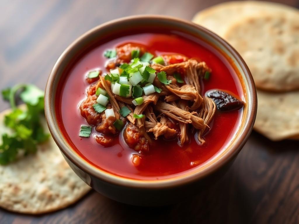 Kulhollinen punaista lihalientä ja mureaa lihaa tortillojen vieressä