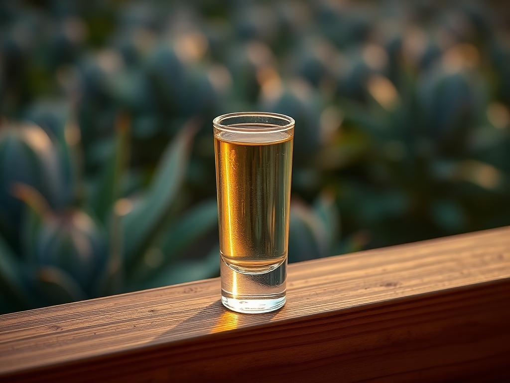 Kapea lasi kirkasta tequilaa agavepellon taustalla
