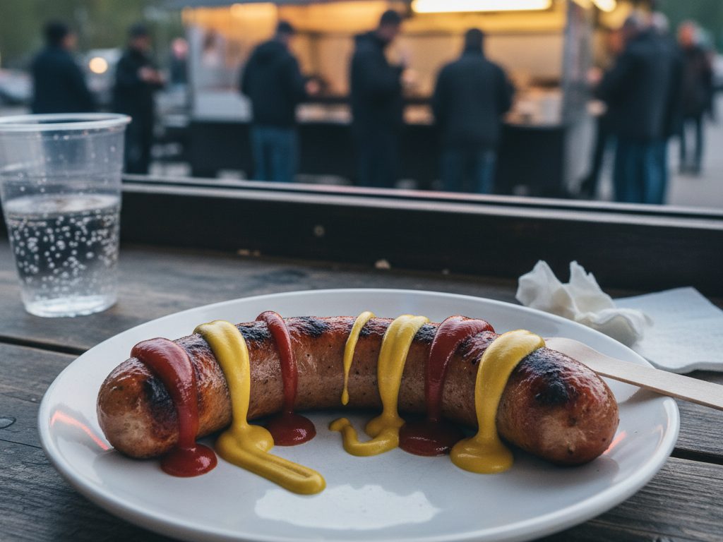 Grillattu makkara sinapilla paperilautasella kioskilla