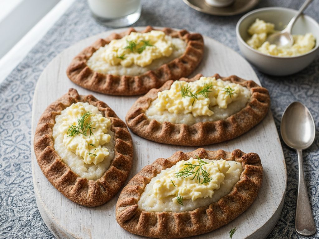 Karjalanpiirakoita munavoilla täytettynä leipomon tiskillä
