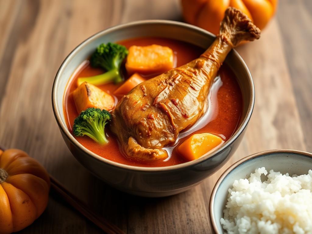 Ohut currykeitto kanankoiven ja paahdettujen vihannesten kanssa kulhossa