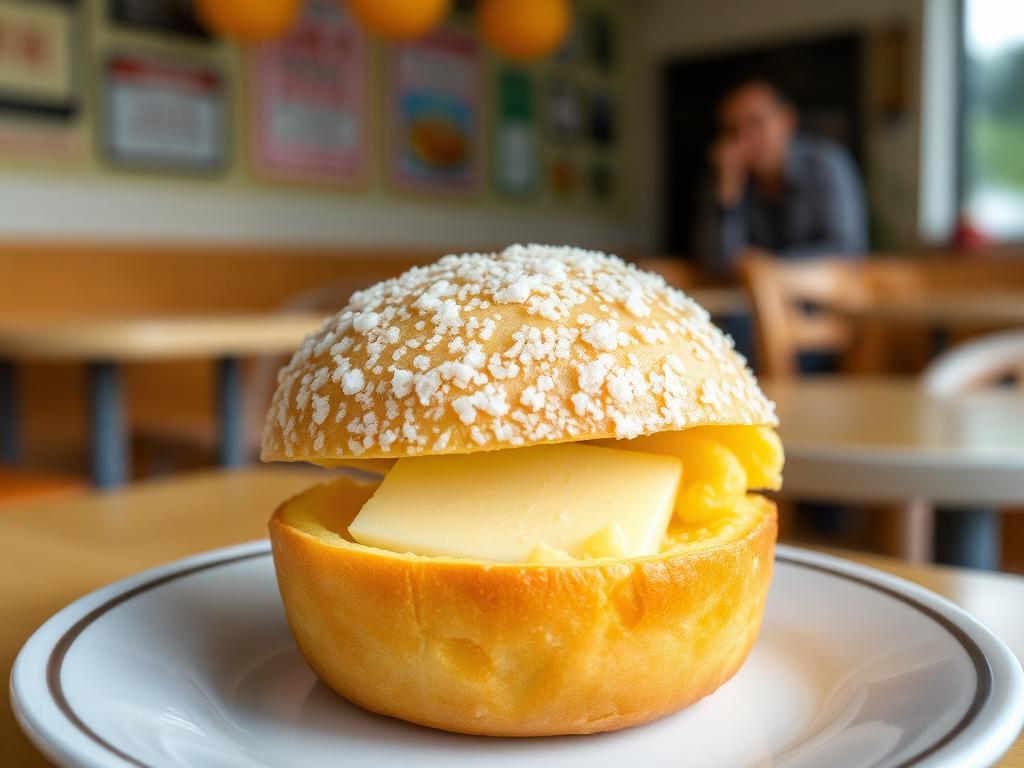 Rapeakuorinen makea pulla lautasella voipala välissä