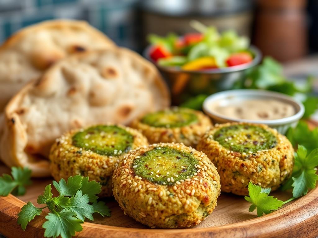 Vihertäviä falafelpalloja leivän ja salaatin kanssa