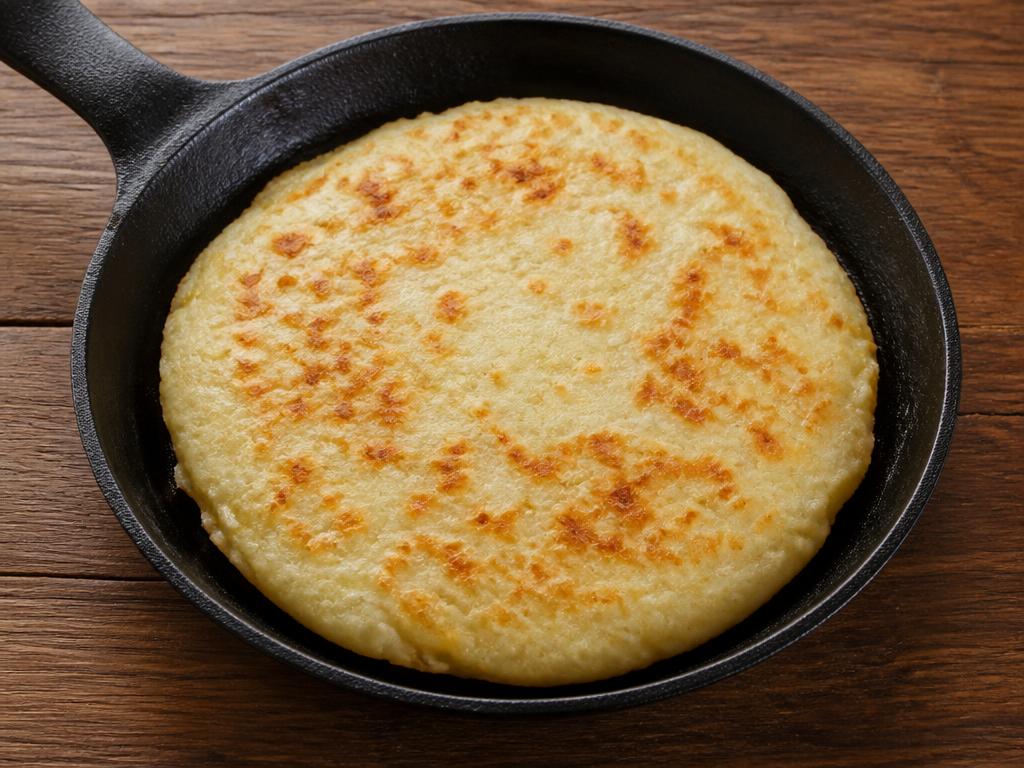 Litteä vaalea juustoletti pannulla aamiaispöydässä