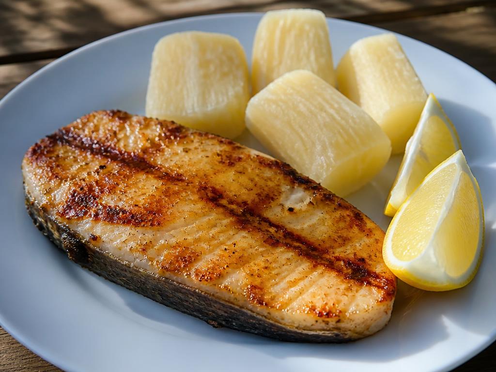 Grillattu vaalea kalafilee sitruunalohkojen ja maniokin kanssa lautasella
