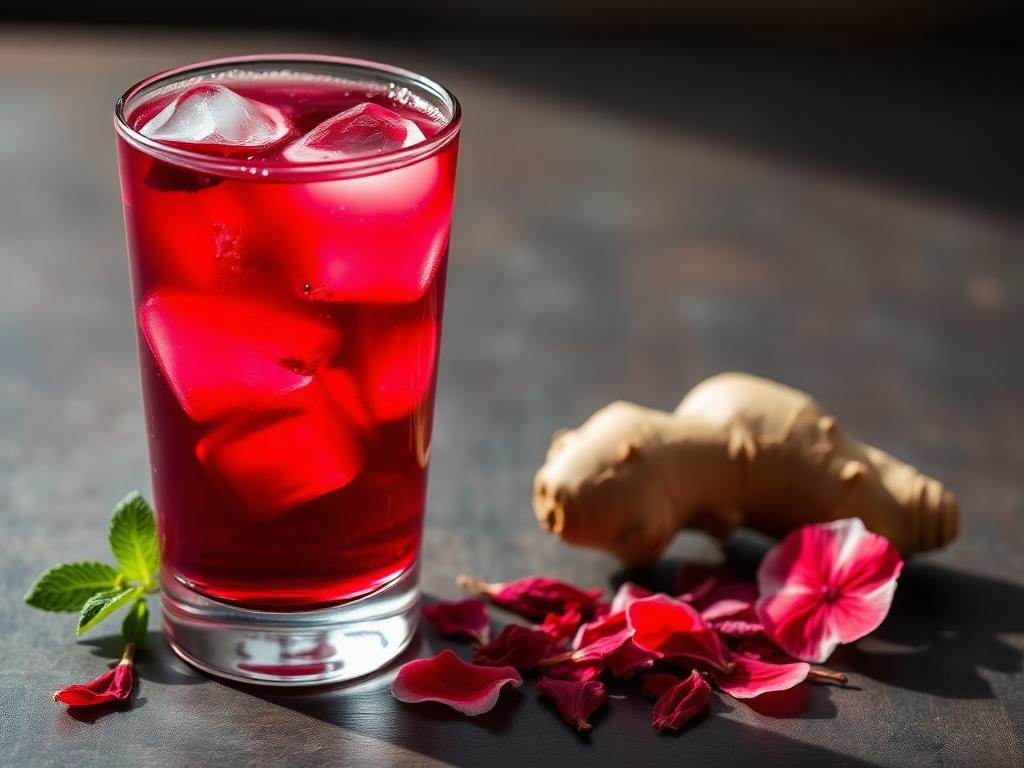Tummanpunainen hibiskusjuoma lasissa jääpalojen kanssa
