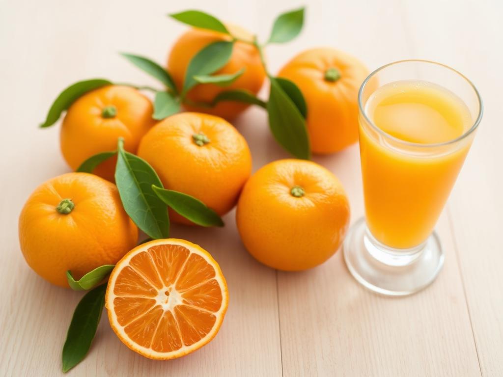 Oranssia sitrusmehua lasissa tuoreiden mandariinien vieressä