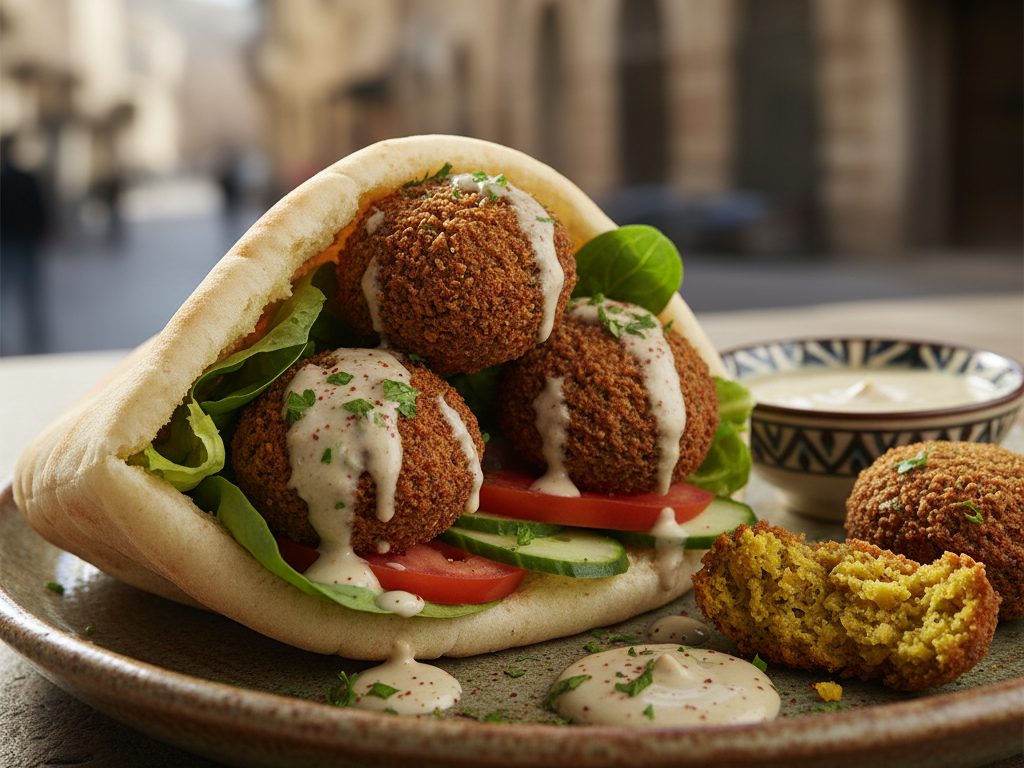 Rapeita falafel-palleroita pitaleivän vieressä