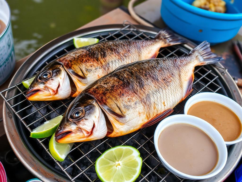 Kokonainen grillattu kala hiiligrillillä sitruunaruohon kanssa