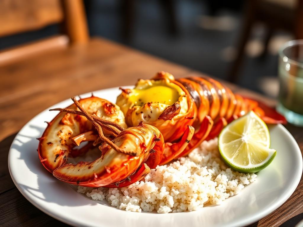 Halkaistu grillattu hummeri lautasella riisin ja limen kera