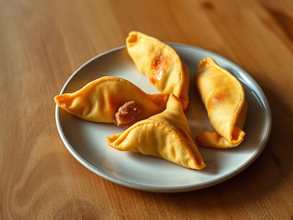 Puolikuun muotoisia paistettuja pasteijoita lautasella