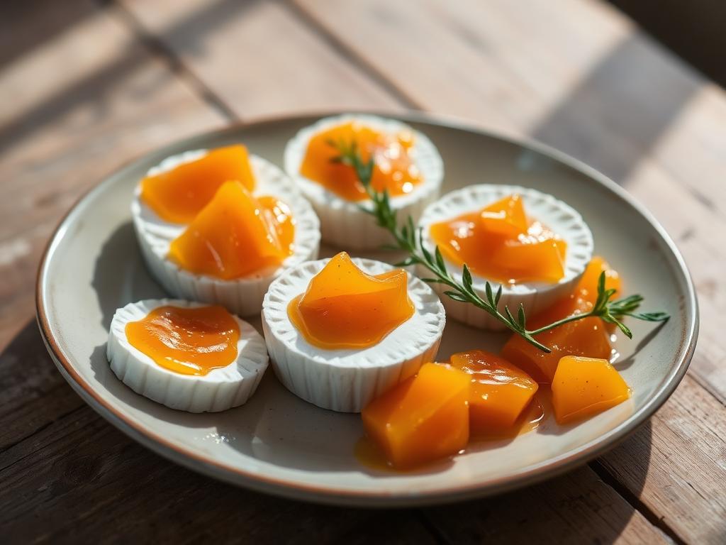 Valkoisia vuohenjuustokiekkoja oranssin hillon kanssa lautasella