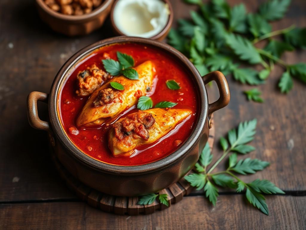 Punainen kalacurry savipatasessa curryn lehtien kanssa