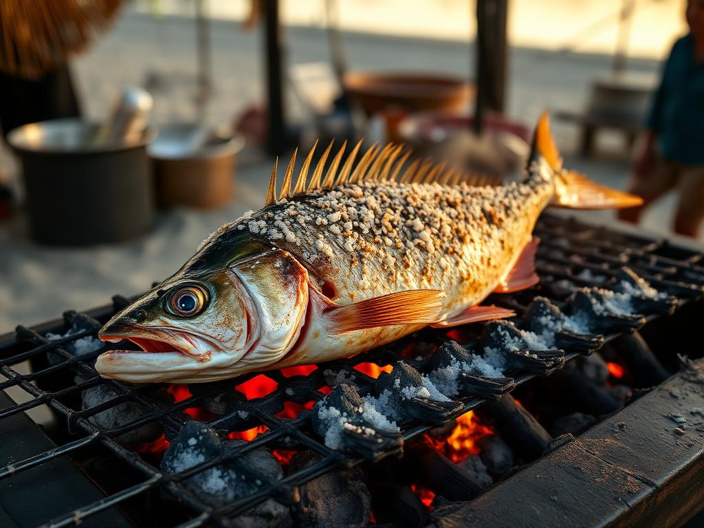 Kokonainen suolakuoressa grillattu kala hiiligrillillä sitruunaruoho täytteenä