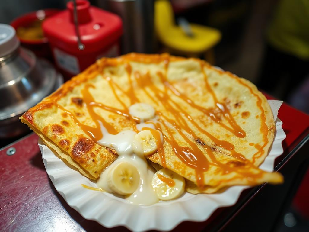 Rapea paistettu lettu banaanitäytteellä ja makealla maidolla katukojussa