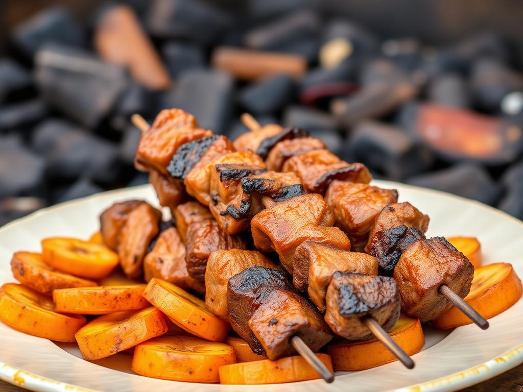 Grillattuja lihavartaita lautasella paistetun banaanin kanssa