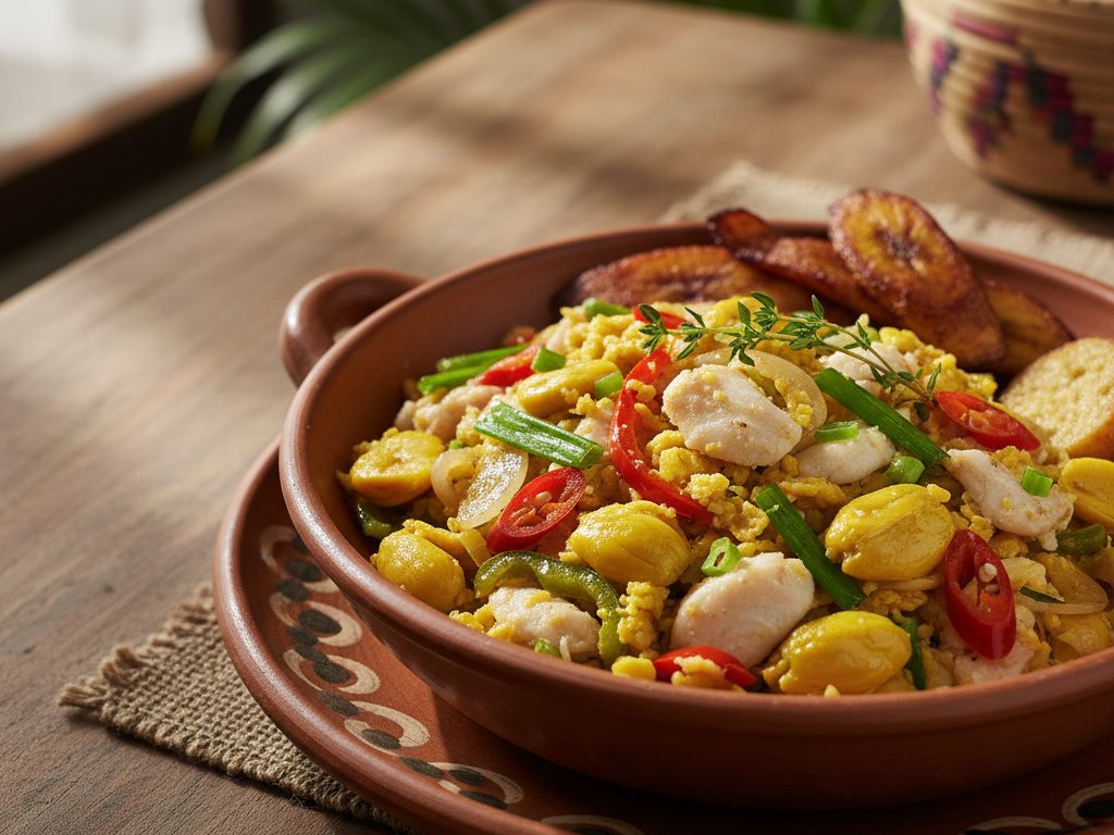 Ackee-hedelmää ja suolakalaa paistettuna pannulla