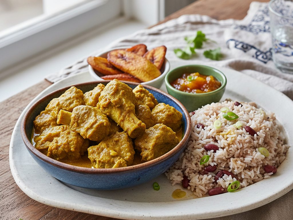Currykastikkeista vuohenlihaa riisin kanssa