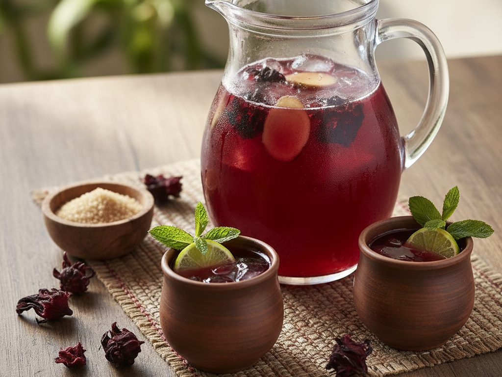 Punainen hibiskusjuoma lasissa jään kera