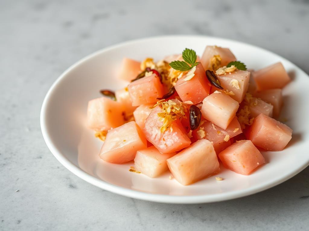 Pomelon lohkoja paahdetun kookoksen ja katkarapujen kanssa lautasella