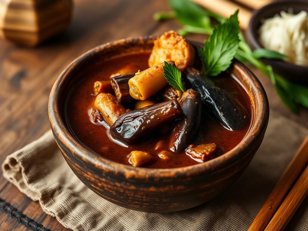 Tumma paksu curry bambunversojen kanssa savikulhossa