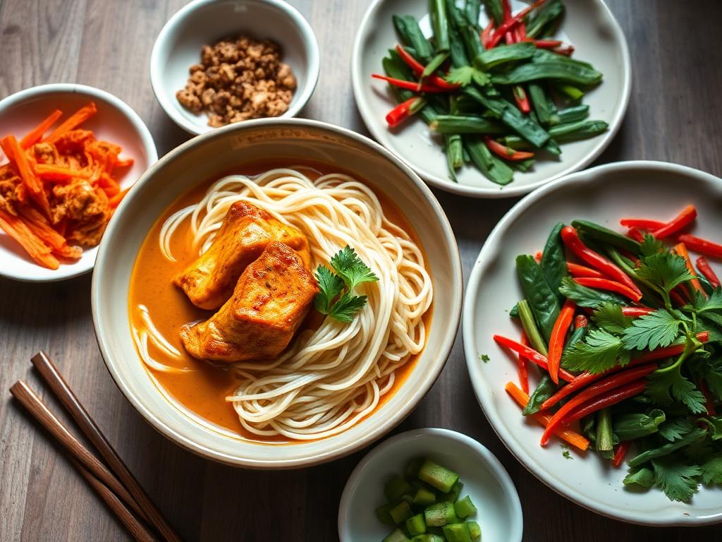 Ohuita riisinuudeleita currykastikkeessa tuoreiden yrttien kanssa