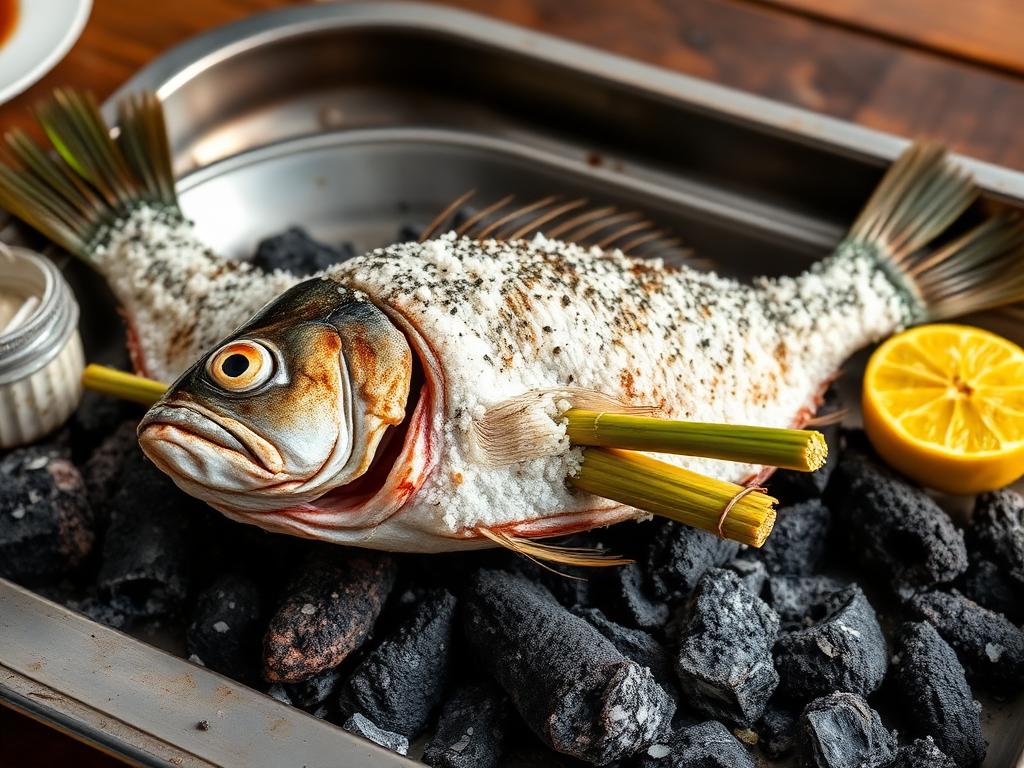 Kokonainen grillattu kala suolakuoressa sitruunaruohon kanssa