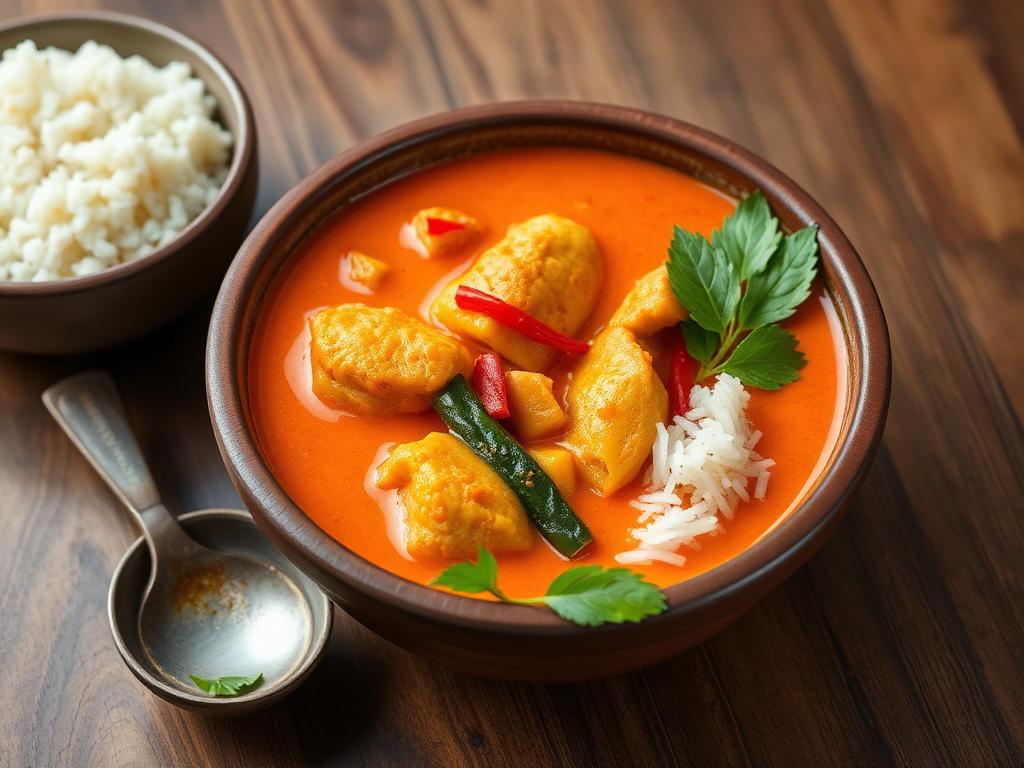 Kirkas oranssi kalacurry vihannesten kanssa savikulhossa