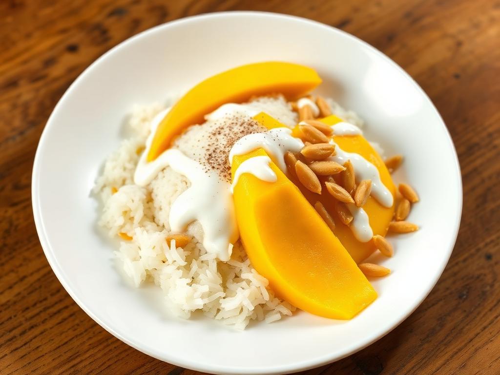 Mangoviipaleita tahmean riisin ja kookoskastikkeen kanssa lautasella