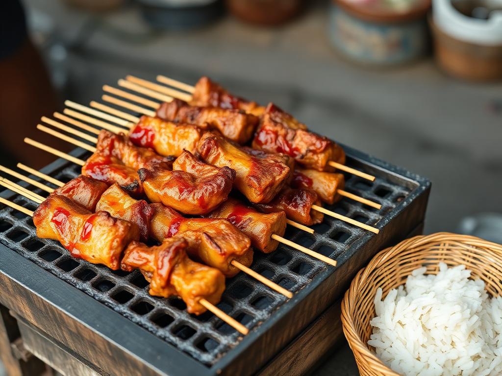 Grillattuja possuvartaita hiilloksella tahmean riisin vieressä