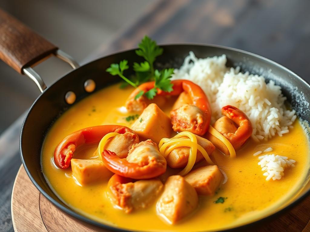 Rapupaloja keltaisessa currykastikkeessa munaseoksen kanssa
