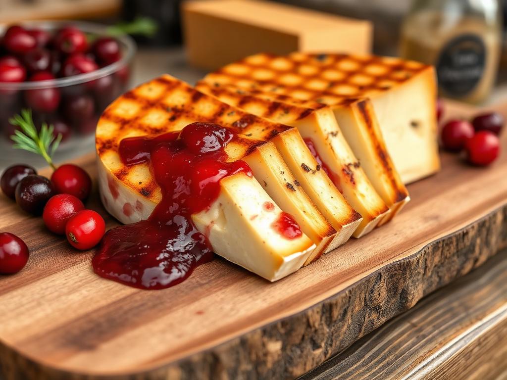 Grillattua savustettua juustoa karpalohillon kera