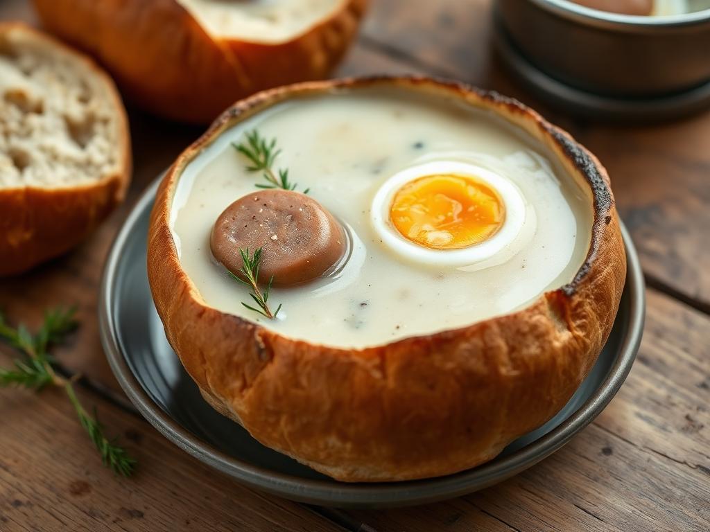 Vaalea hapanjuurikeitto makkaralla ja keitetyllä munalla leipäkulhossa